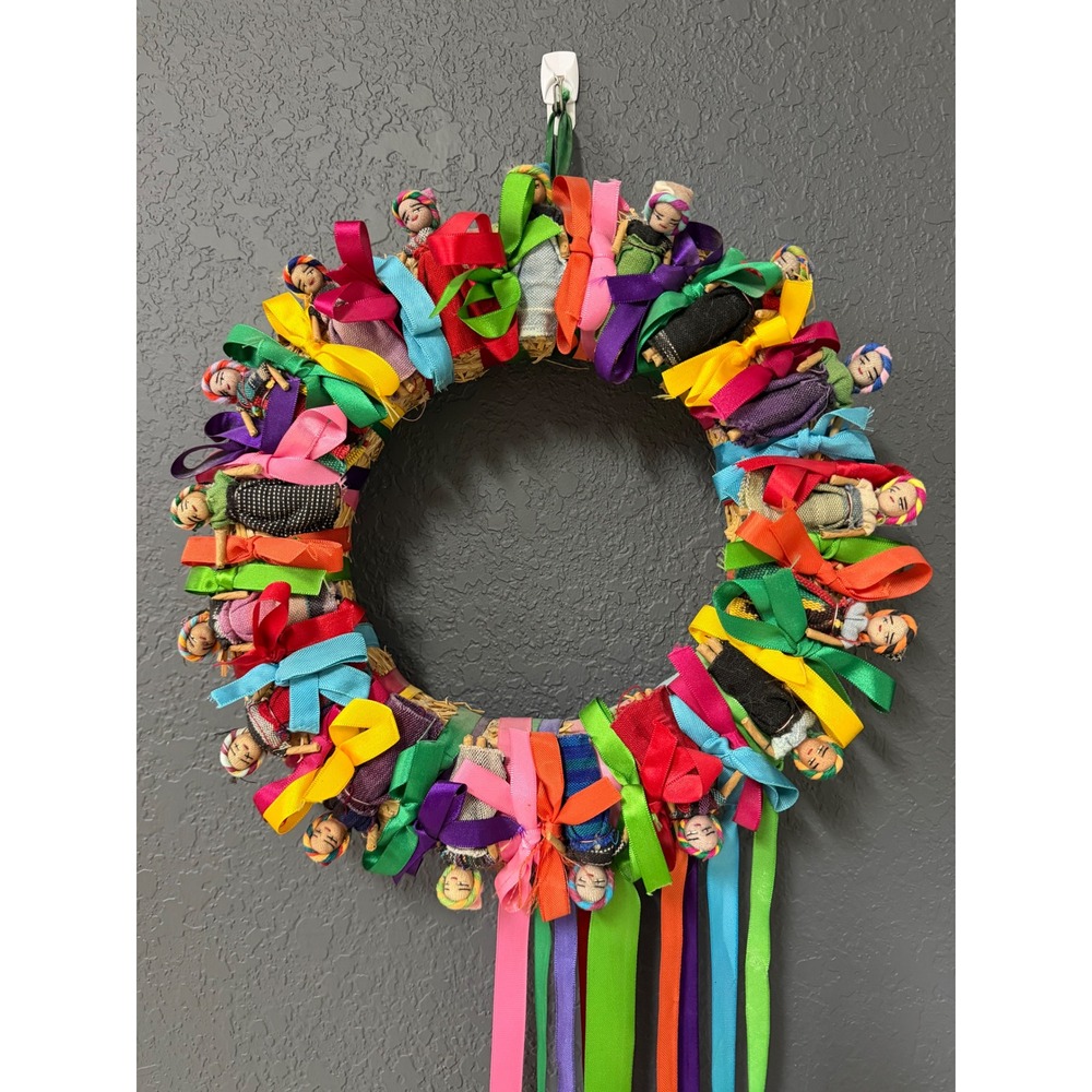 Handmade Guatemalan Worry Doll Wreath Rainbow Ribbon Folk Art Decor 14 inch